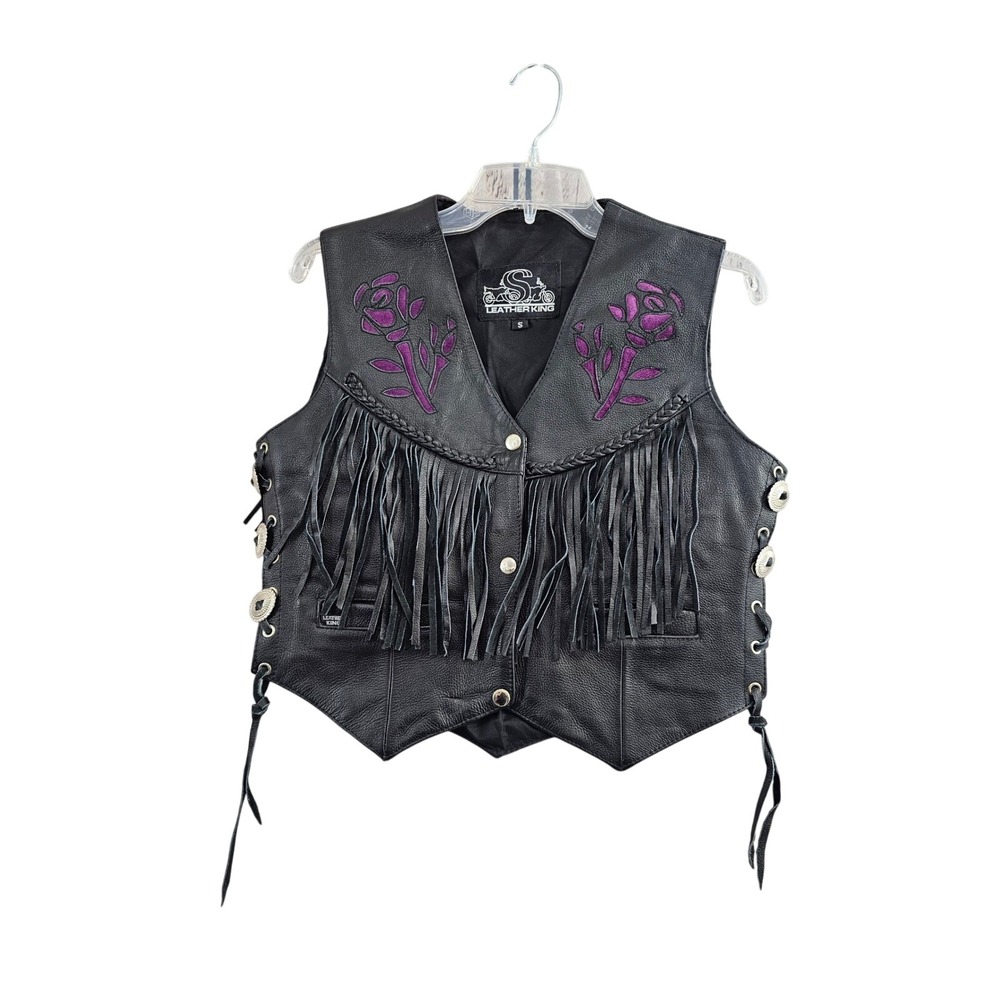 Leather King Biker Vest Womens S Black Floral Rose Fringe Concho Lace Up Sides